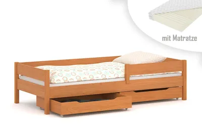 Produktbild von Kinderbett 180x90 Kinderbett mit Rausfallschutz & Lattenrost Teak 80 x 180 für Mädchen und Jungen Massivholz Kiefer und MDF Möbelplatte, mit Matratzen und Schubladen