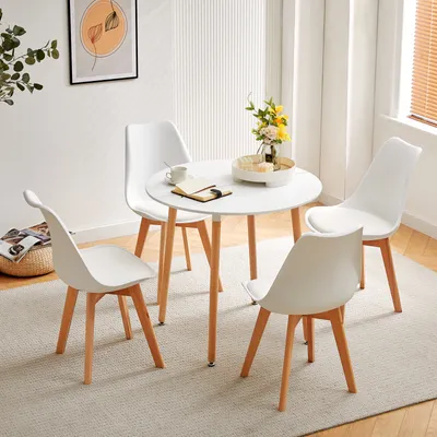Image de HJ_WeDoo Table de salle à manger ronde blanche avec 4 chaises de salle à manger blanches - Ensemble de salle à manger scandinave 80×80×70 cm - pour cuisine, bureau, salle de conférence