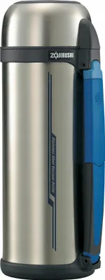A Zojirushi stainless steel thermos bottle with a blue handle.