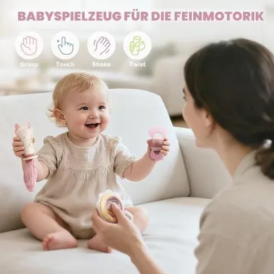 Produktbild von Babyspielzeug ab 3 Monate: Beißringe und Rasseln für 0–6 Monate, sensorisches Zahnungsspielzeug und Geschenk für Neugeborene (10 Stück)