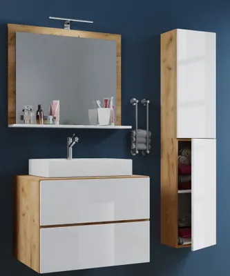 Produktbild von VCM 4-tlg. Waschplatz Waschtisch | Waschbecken Unterschrank Breite 60 cm | Badmöbel Set mit Schubladen Drehtüren Spiegel | Lendas L