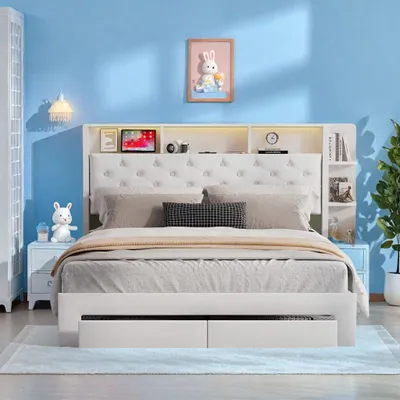 Zdjęcie produktu dla Podwójne łóżko 140x200 cm tapicerowane białym aksamitem z szufladami do przechowywania, regulowanym oświetleniem LED i zintegrowanym portem USB