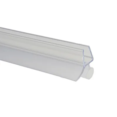 A close-up, angled view of a clear plastic shower door seal strip with a white rubber or plastic insert.