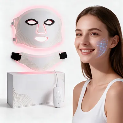 Produktbild von LED Maske Gesicht und Hals, 7 Farben 5 Helligkeitsstufen, 309 LEDs, 460-630nm, 10 Min Timer, 1200mAh, alle Hauttypen, verstellbar