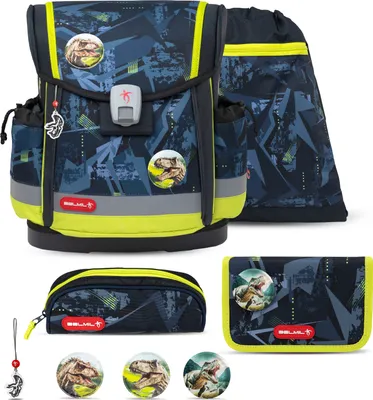 Produktbild von Belmil Classy Plus Schulranzen Set 5-teilig mit Brustgurt - T-Rex Lime