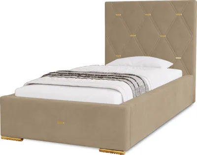 Produktbild von Polsterbett Golden Premium 90x200 cm, Bett mit Kopfteil, Doppelbett mit Bettkasten, Matratze und Lattenrost aus Holz, Velourstoff: Creme