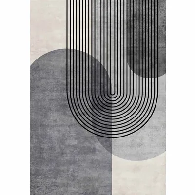 An abstract geometric design with curved lines and circles in shades of gray and beige.