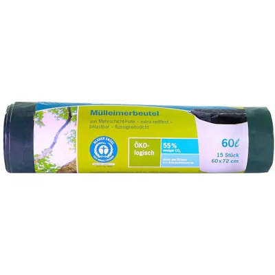 Produktbild von inapa Müllbeutel/Müllsack Secolan 60l, grün/schwarz – extra reißfest wasserdicht 100% recyclingfähig – 1 Rolle/15 Stück