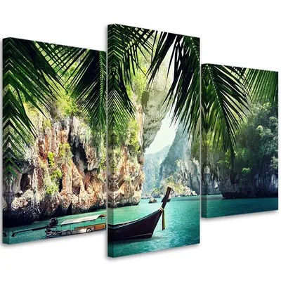 Produktbild von Triptychon auf leinwand tropische bucht 60x40 cm Feeby blau wandbild bereit zum aufhängen