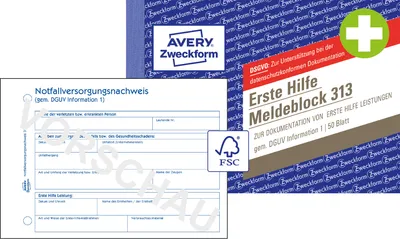 Produktbild von Avery Zweckform 313, Erste Hilfe Meldeblock, A6 quer, 50 Originale, 50 Blatt