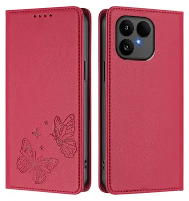 Image de Étui en cuir pour Fairphone 6, motif papillon en relief, étui à rabat avec porte-appareil, rouge