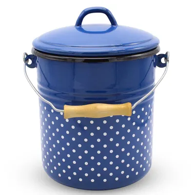 Produktbild von Emaille Eimer 5 Liter blau mit weißen Tupfen Holzgriff