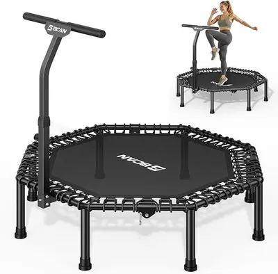 Produktbild von Achteckiges Indoor-Fitness-Trampolin, 130cm, Trampolin für Erwachsene bis 205 kg, mit verstellbarem T-Griff und großer Sprungfläche, stoßdämpfend und geräuscharm