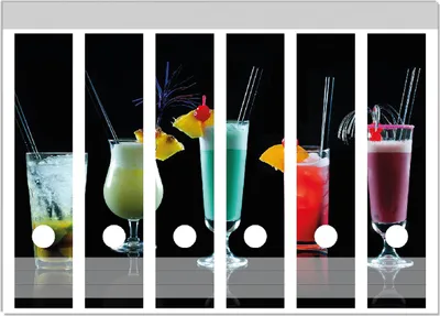 Produktbild von Wallario Ordnerrücken Sticker, selbstklebend für breite Ordner, 6 Stück, Motiv Bunte Cocktails vor schwarzem Hintergrund