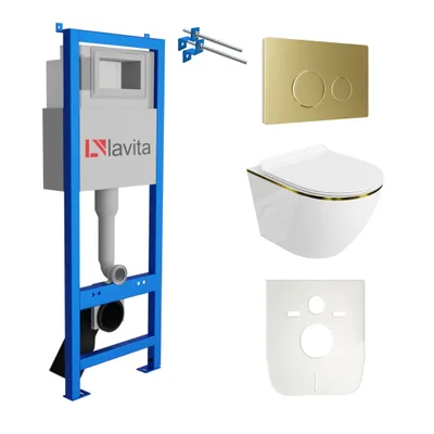 Produktbild von Lavita LAV 101 Vorwandelement für WC 40cm + Wand Hänge Tiefspül WC SOFI SLIM GOLD LINE Spülrandlos + Bedienplatte LAV 200.4.5 Gold | Komplettset | Unterputz Spülkasten | Toilette Komplett Sett
