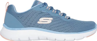 A side view of a blue Skechers Flex Appeal 5.0 sneaker.