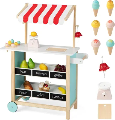 Produktbild von Kinder Eiswagen mit 6 Spielzeug-Eiscreme, Kaufladen aus Holz mit 2 Rädern und Markise, Einkaufsladen für Kinder ab 3 Jahren (Rot)