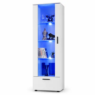 Produktbild von Komodee, Vitrine Schrank Alessandria, Weiß/Weiß, Breite 60cm x Höhe 192cm x Tiefe 42cm, 3 Glasböden, 1 Regal aus laminierter Platte, für Wohnzimmer, Schlafzimmer, LED Blau