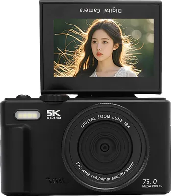 Image de appareil photo numérique 5K 75MP Auto Focus WiFi avec zoom 18x 3,0 pouces 180 degrés Flip -Ecran Flash intégré pour la photographie Noir Carte mémoire 32 Go