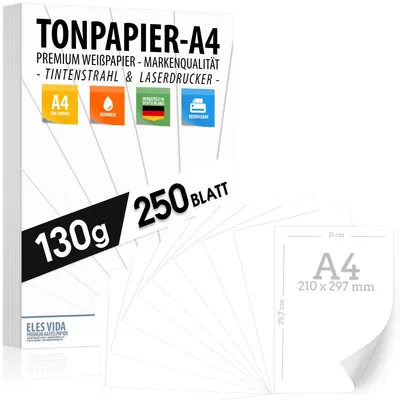 Produktbild von 250 BLATT weißes Tonzeichenpapier 130g/m² - PREMIUM PAPIER Reinweiß DIN A4