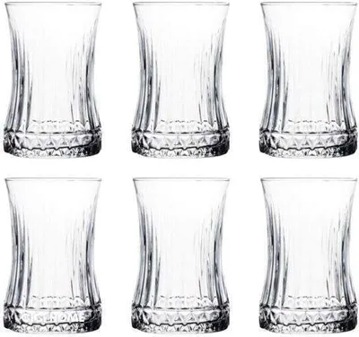 A set of six clear glass tea glasses arranged in two rows of three.