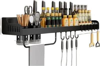 Zdjęcie produktu dla Wielofunkcyjny Ścienny Kuchenny Uchwyt Wieszak 60X14X8,5 Czarny