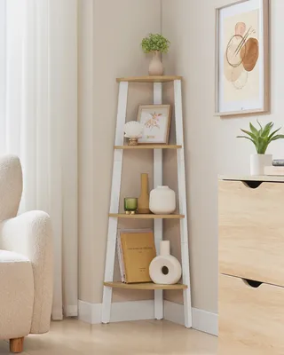 A corner shelf unit with decorative items in a room setting.