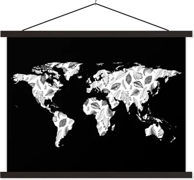 Produktbild von MuchoWow® Textilposter Weltkarte - Pflanzen - Schwarz 40x30 cm mit schwarzem Rahmen - Dekorationen