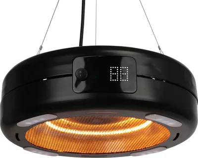 A black hanging patio heater with a digital display and lights.