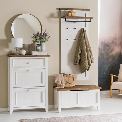 Produktbild von home24 Garderobenset - 3-teilig - Kiefer Massiv - Weiß / Kiefer