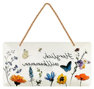 Produktbild von Retro Blechschild Schild - willkommen Deko Garten, Schild für Haustür und Eingangstür mit Spruch - Willkommensschild als Türdeko mit Jutekordel 16x32cm
