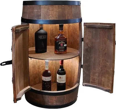 Produktbild von Weinregal Holz mit Tür mit LED - Alkoholschrank Flaschenregal Holz - Holzfass - Fassmöbel - Weinständer - Weinfass - Weinbar - Fass bar mit Tür - minibar 80 cm High (wenge)