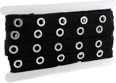 Produktbild von 1m Ösenband gewebt schwarz mit eingestanzten runden Ösen Größenwahl Meterware, Größe:24mm, Farbe:schwarz | Öse silbern