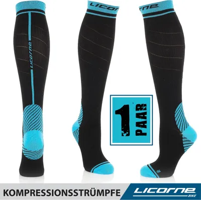 Produktbild von Licorne Kompressions-Thrombose-Stütz-Strümpfe Damen und Herren Compression Socks für Sport Flug Laufen Reisen, Farbe:Schwarz-Blau, Größe:43-46