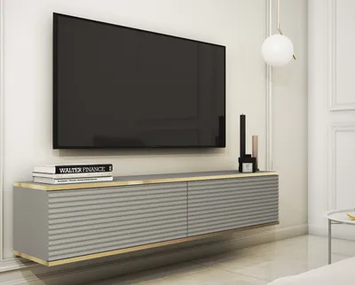 Zdjęcie produktu dla BETTSO Wisząca szafka RTV do salonu półka telewizyjna dwudrzwiowa nowoczesny stolik telewizyjny do salonu ORO 135 cm fronty listwowe szara