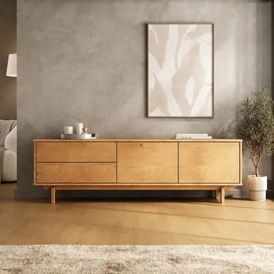 Produktbild von Lowboard LITA aus Massivholz 170 cm, Eiche Finish – TV Lowboard mit 2 Schubladen und 2 Türen, Push-to-Open System, TV Möbel mit Stauraum, Sideboard für Wohnzimmer, Skandinavisches Design