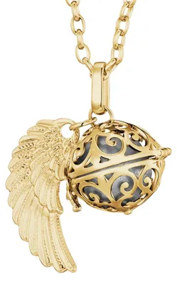 Produktbild von Morella Damen Halskette gold Edelstahl 70 cm mit goldenem Anhänger Engelsflügel und Klangkugel silber Ø 16 mm in Schmuckbeutel
