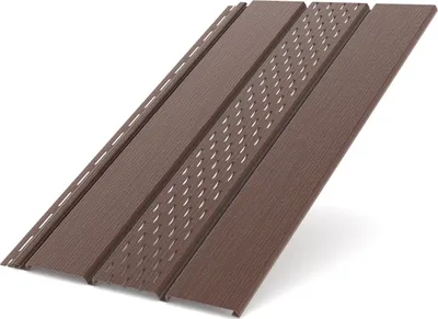 Several pieces of brown vinyl siding are laid out diagonally on a white background.