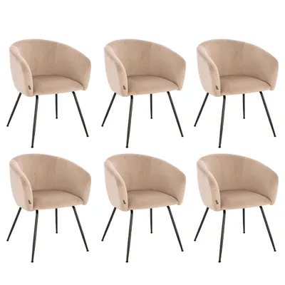 Six beige upholstered chairs with black metal legs are arranged in two rows of three against a white background.