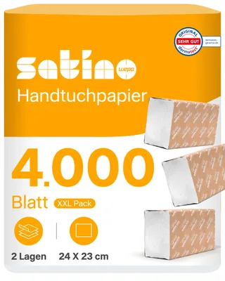 Produktbild von Satino by WEPA – 4.000 Papierhandtücher – 2 lagig - V-Falz - 24x23cm –  Germany - saugstark & fusselfrei - Handtuchpapier aus Recyclingpapier -