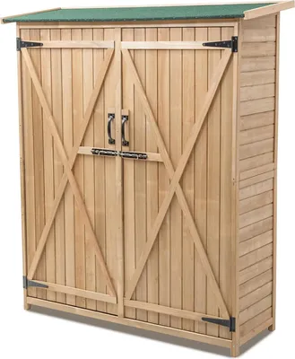 Produktbild von Gartenschrank, Geraetehaus Holz, Geraeteschuppen Wetterfest, Gartenhaus mit 3 Ablagen 2 Abschliessbaren Türen, Holzschuppen mit Satteldach, 140 x 50 x 162 cm