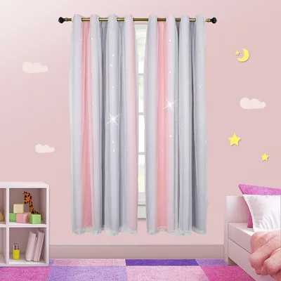 Produktbild von Topchances 2 Stücke Kinderzimmer Vorhang Gardinen mit Ösen - H 160 x B 132 cm Sternenvorhänge mit Voile Vorhang Kinderzimmer Mädchen Ösenvorhang,Pink