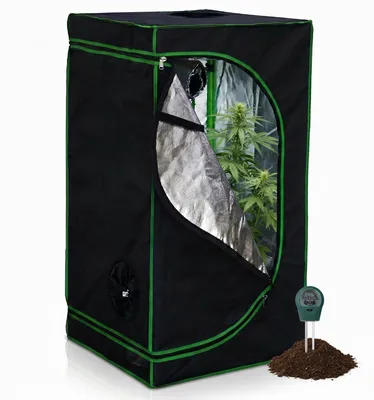 Produktbild von Mucola Gewächshaus inkl. 3 in 1 Feuchtigkeitsmessgerät für Pflanzen Pflanzenzelt Growbox Indoor Pflanzenzelt Zuchtzelt Zuchtschrank Darkroom Frühbeet Schwarz Grün - 60x60x120cm