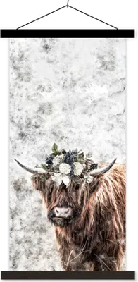 Produktbild von MuchoWow® Textilposter Schottisches Hochlandrind - Marmor - Blumen 60x120 cm mit schwarzem Rahmen - Magnete
