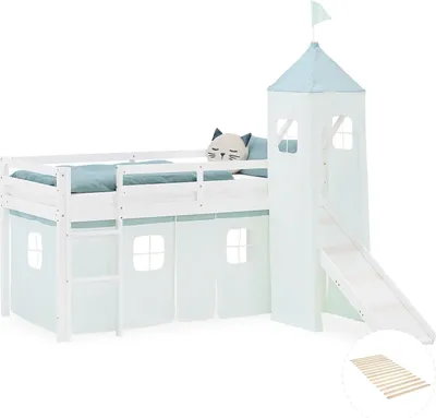 Image de Lit superposé 90x200 cm avec Toboggan Sommier Lit mezzanine en Bois Pin Massif Lit d'enfant Rideau Tour Vert