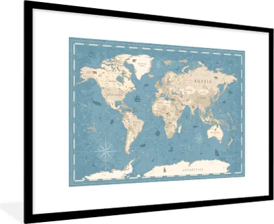 Produktbild von MuchoWow® MuchoWow® Gerahmtes Poster Weltkarte - Vintage - Blau 90x60 cm - Poster mit zchwarzem Bilderrahmen - Wanddekoration - Fotos