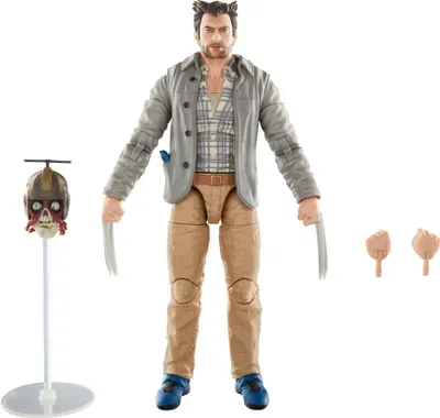A Hasbro Marvel Legends action figure of Wolverine and Headpool accessories, displayed on a white background.
