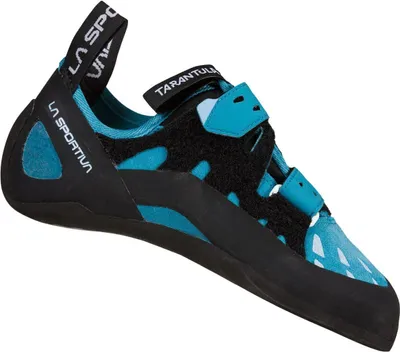 Klett-Kletterschuh "Tarantula Woman" von La Sportiva in Blau und Schwarz; seitliche Ansicht.