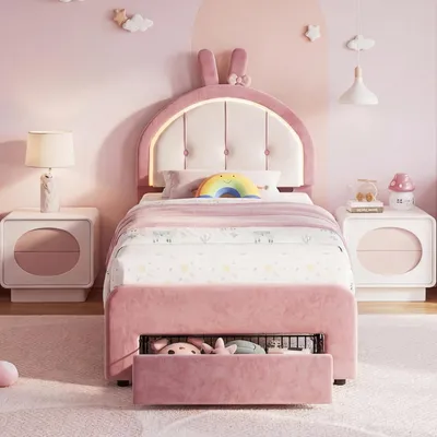 Immagine prodotto di Letto per bambini ProximaX, 90x200 cm, in velluto, con testiera a forma di coniglio, luci LED RGB e cassetto