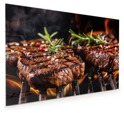 Produktbild von Küchenrückwand Spritzschutz Glas mit Motiv Gegrillte Steaks 40 x 40 cm